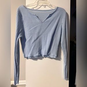 Blue Cropped Ribbed Long Sleeve Shirt